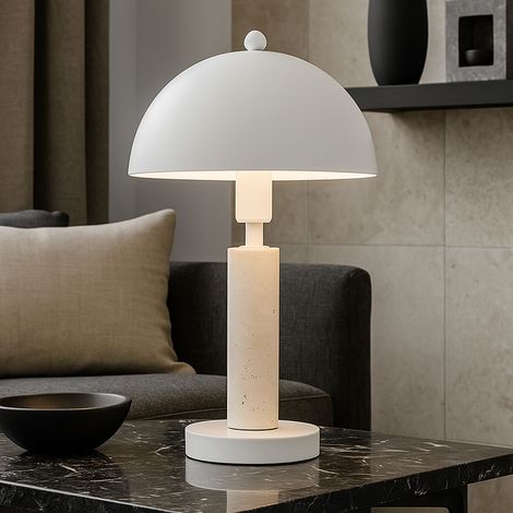 Tischleuchte Beistellleuchte Textil weiß Tischlampe Wohnzimmerlampe Travertine Stein, Metall, 1x E14 Fassung, DxH 20x34 cm