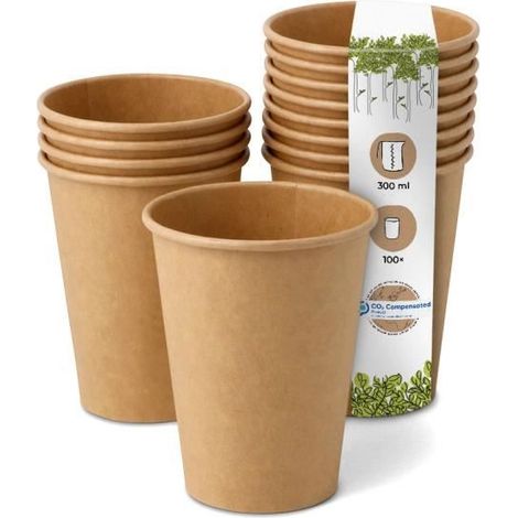 100 gobelets jetables, en papier marron non blanchi, biodégradables et compostables, 300 ml, pour café et boissons chaudes