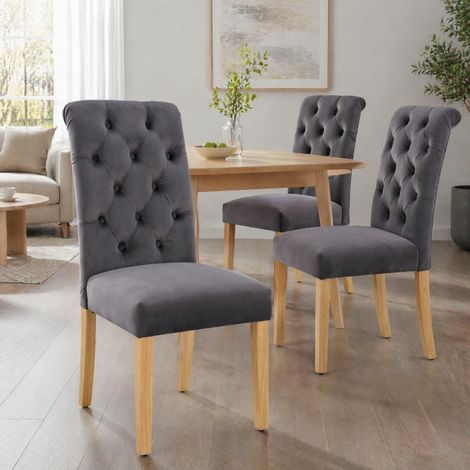 Juego de 2 sillas de comedor de terciopelo gris, patas de roble, respaldo capitonado HAVRYA (1/5)