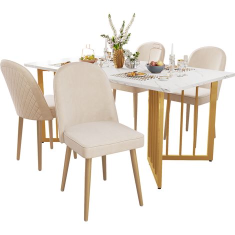 Lot de 4 chaises de salle à manger en velours beige, dossier galbé, pieds en métal doré, assise confortable et antidérapante pour salon, bureau – CHICFURN (1/5)
