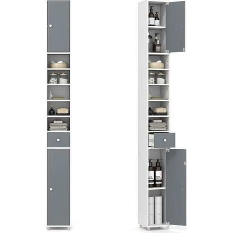 180CM Tall Freestanding Bathroom Cabinet with 2 Doors and 1 Drawer-Gray & White (1/5)