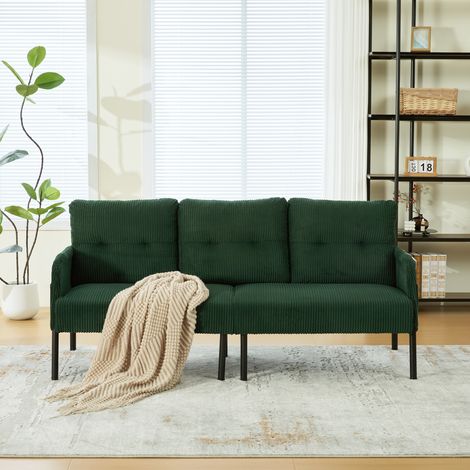 Canapé 3 places en velours côtelé avec rembourrage moelleux, dossier haut et poches latérales pratiques. Pieds en métal stables et structure robuste. Idéal salon, chambre ou bureau à domicile (1/5)