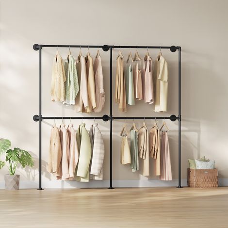 WOLTU Kleiderständer Wandmontage Garderobenständer mit 4 Stangen Offener Kleiderschrank für Wohnzimmer Schlafzimmer Büro, 193x187x36,5 cm, Schwarz