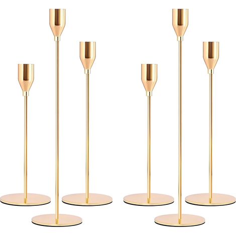 6-teiliges Retro-Kerzenständer-Set aus goldfarbenem Metall, hohe, konische Kerzenhalter, dekorative Kerzenständer, Hochzeitskerzenständer, 33/28/22 cm, Kandelaber für Esszimmer, Wohnzimmer, Geburtstag (1/5)