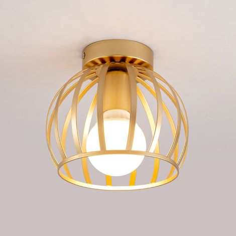 Vintage Plafonnier Industriel en Métal Cage Suspensions Lustres Abat-Jour Géométrique Design Luminaire E27 Lampe de Plafond pour Chambre Café Restaurent Entrée Couloir, 20 CM, Doré