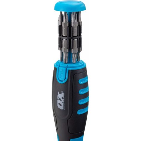 OX Tools P361501 Pro Heavy Duty Multibit Ratchet Screwdriver, Bleu