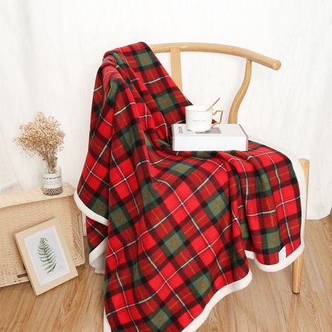 Plaid Blanket - 100x140cm - Double-Sided Fleece And Lambskin-Effect Reverse - Christmas Red Green Pattern - For Sofa Bed Outdoor Use - 1 Piece (1/5)
