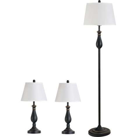 Ensemble de 3 lampadaires comprenant 2 lampes de table, 1 lampadaire, abat-jour en lin et douille E27. Idéal pour le salon ou la chambre. Coloris blanc et noir. (1/5)
