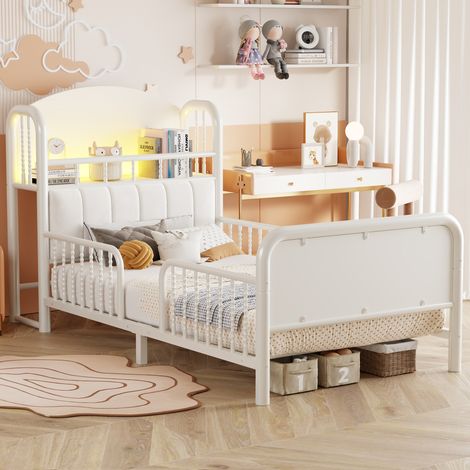 Lit enfant métal 90x200 cm-Barrières de sécurité sur toute la longueur-Tête de lit rembourrée avec rangement-LED multicolore-Blanc