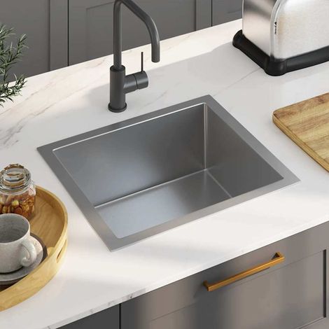 Évier de cuisine en acier inoxydable fait main 51 x 44 cm – Épaisseur 2,5 mm, finition brossée, insonorisé, montage sous plan ou encastrable (1/5)