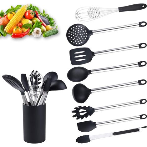 Ustensiles De Cuisine - 9 Pièces En Silicone Et Acier Inoxydable - Antiadhésif Résistant À La Chaleur - Pour Poêles Et Casseroles - Lot Complet Avec Seau De Rangement (1/5)