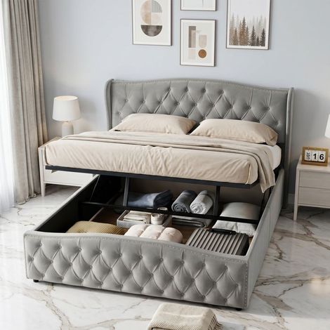Lit double - 140x190 - Velours gris capitonné - Coffre de rangement - Sommier à lattes inclus (1/5)