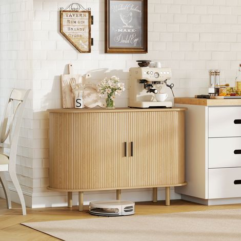 Credenza con ante scorrevoli a serrandina, 4 scomparti e gambe in legno, 120x40x78 cm, rovere (1/5)