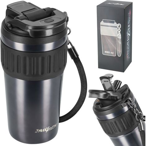 Tazza termica premium a prova di perdite con cannuccia, 630 ml - grigio scuro