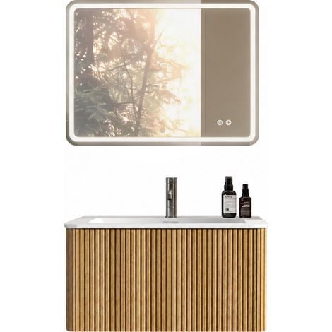 Conjunto de muebles de baño con espejo LED, lavabo de 80 cm, colgante, efecto roble (1/5)