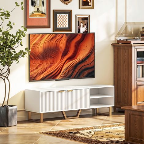 Meuble TV banc TV pour téléviseur jusqu'à 70 pouces - placard à 2 portes cannelées, compartiment ouvert et passe-câbles (1/5)