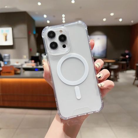 (iPhone 15 Pro, Transparent) Étui de chargement magnétique sans fil MagSafe pour iPhone avec cadre antichoc transparent