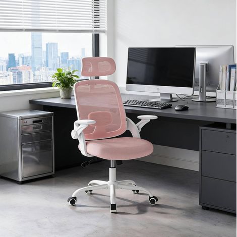 Sedia da ufficio ergonomica, schienale alto, supporto lombare, braccioli 3D in PU, rete e metallo rosa (1/5)