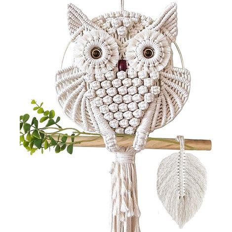 Décoration murale en macramé motif hibou - Tapisserie murale bohème - Décoration murale - Étagère murale en bois pour salon bohème - Décoration murale pour chambre - Tapisserie murale - Support pour p (1/5)