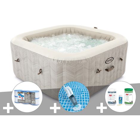 Kit spa gonflable Intex PureSpa Chevron carré Bulles 6 places + 6 filtres + Aspirateur + Kit de traitement brome