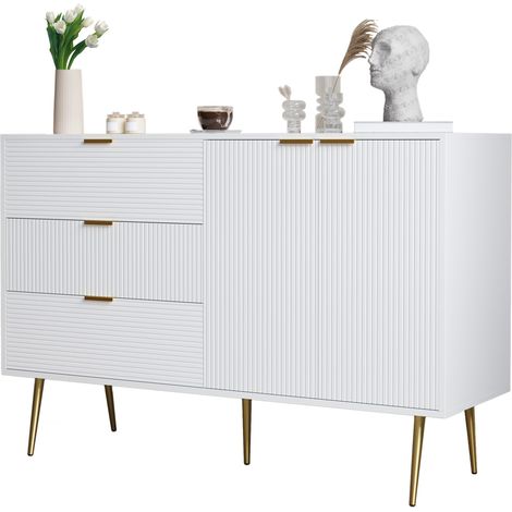 Credenza moderna bianca e oro con 3 cassetti e 2 ante, ripiani interni, effetto onda decorativo, mobile contenitore per soggiorno e sala da pranzo - CHICFURN (1/5)
