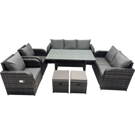 Fimous 9 places Gris foncé Ensemble de meubles de jardin en rotin  Fauteuil Inclinable canapé deux places Canapé 3 places Table à manger rectangulaire Tabourets (1/5)