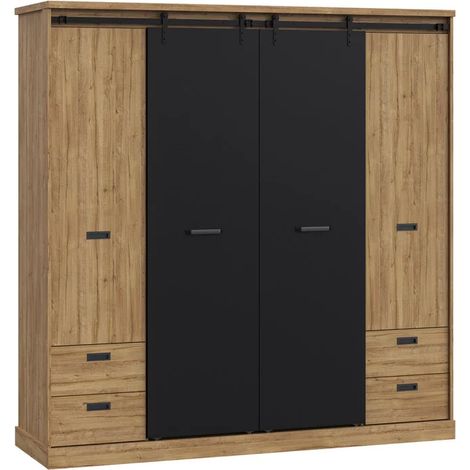Armoire dressing 203 cm 4 portes coulissantes soft close – Décor chêne et noir – 5 étagères et 4 tiroirs – Design industriel moderne – Meubletmoi (1/5)