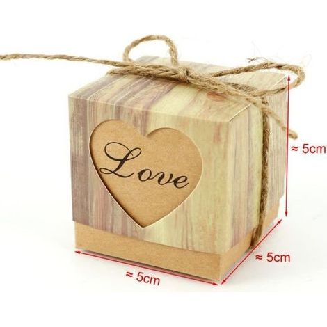 100 Geschenkschachteln aus Kraftpapier, 5 cm, mit herzförmigen Deckeln und Juteschnur, perfekt als Hochzeitsgeschenk. (1/4)