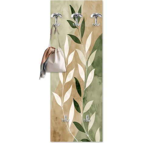 Lupia - Appendiabiti da Parete moderno con pannello in legno Stampato, MINIMALIST BOTANIC 46x125 cm, Design naturale verde beige, 5 Ganci in metallo, Stampa HD, ingresso soggiorno camera da letto