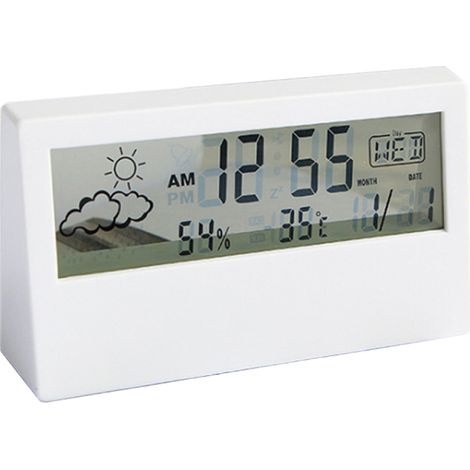 Orologio termometro e igrometro, display meteo dal design accattivante, versione bianca trasparente (fosforescente).