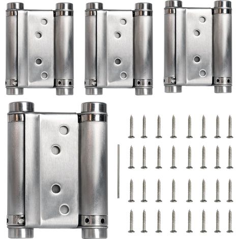 Lot de 4 charnières à ressort à double action, charnières de porte à fermeture automatique pour portes battantes de café, salon, pub, en acier inoxydable 201, avec broches et vis, 7,6 cm (1/5)