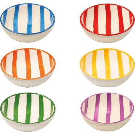 Zafferano Set 6 Ciotole Righe Collezione Lido in Ceramica Artigianale Italiana - Design a Righe Verticali Multicolore per Servire Antipasti e Dessert