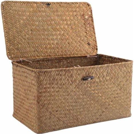 Panier de rangement tissé à la main en jonc de mer – Couvercle – 31x18x15cm – Organisateur pour maquillage et linge