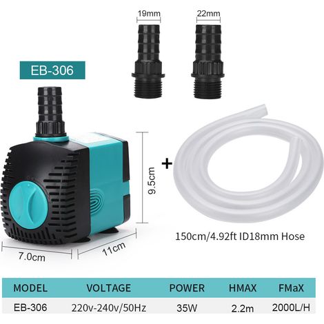 Pompe à eau submersible pour fontaine (2000 l/h, 35 W) avec 2 buses, hauteur de refoulement de 2,2 m, tuyau d'arrosage de 1,5 m (1/4)