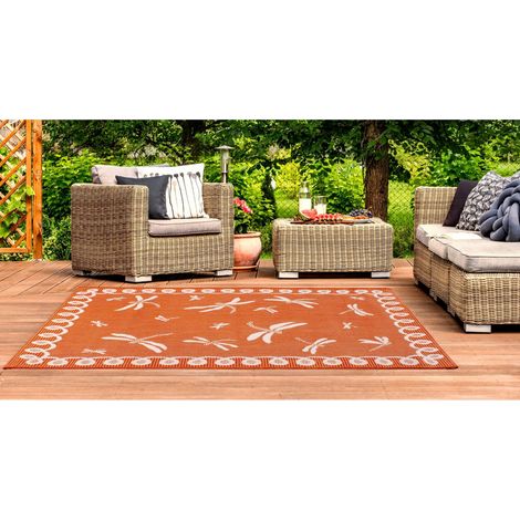 Terrace Dragonfly Outdoor Flatweave Bordered Indoor Terracotta Rug in 80 x 150 cm (2'6''x5'0'') (1/4)