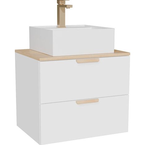 Mobile bagno sospeso con lavabo da appoggio quadrato e rubinetto Bianco L60 cm – AVORELI (1/5)