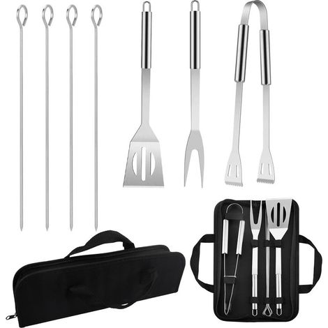 Pièces Kit Barbecue Accessoires Barbecue avec Ustensiles Barbecue en INOX Pinces Spatule Fourche 4 Broches Sac de Rangement Parfait 39 x 12 x 590 g (1/4)