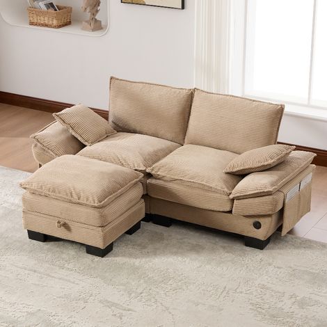Canapé 2 places modulaire en velours côtelé kaki avec pouf de rangement, assise large ergonomique et port USB-C intégré (190x132x84 cm) (1/5)