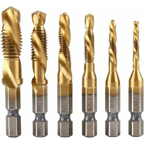 Taraud - Acier Rapide Revêtement Titane - Filetage Métrique M3 M4 M5 M6 M8 M10 - Tige Hexagonale 6,35 mm - Pour Machine-Outil - Lot de 6 (1/5)