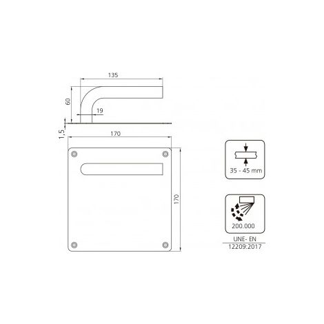 Emuca Juego de manillas con placa de 17x17 cm para puertas de interior, forma en L, Acero inoxidable, Níquel satinado