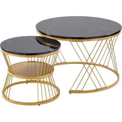 Ensemble de 2 tables basses gigognes rondes en MDF à motif marbre brillant avec cadre métallique doré (1/5)