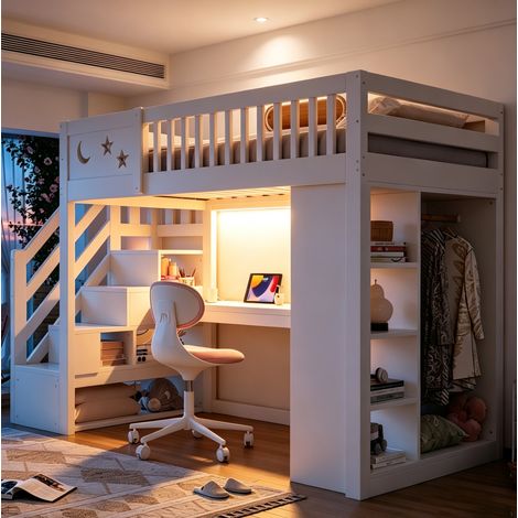 Cama alta infantil 90x200 cm blanca de madera con escritorio, almacenaje y LED sin colchón - CHICFURN (1/5)