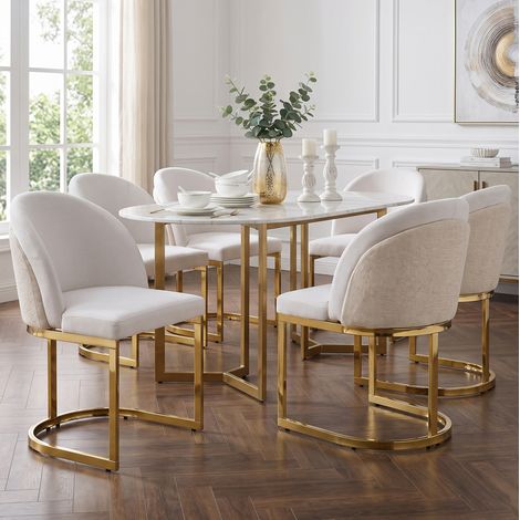6 chaises de salle à manger en chenille beige et métal doré, style moderne (1/5)