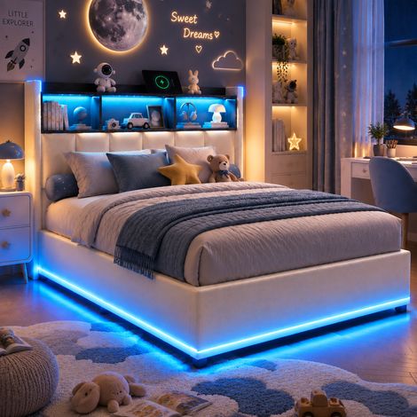 lit 90x200cm enfant avec rangement hydraulique, lit coffre simple avec led, USB, sommier à lattes, velours blanc