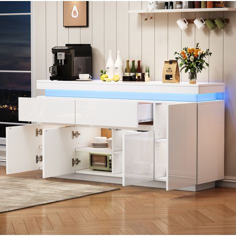 Credenza 140/35/72,5 cm bianca lucida con LED, 4 ante e 2 cassetti (1/5)