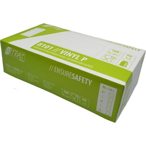 <p><strong>Einmalhandschuh NITRAS 8101 Vinyl P transparent, gepudert (Box &agrave; 100 St&uuml;ck)</strong></p> <p>Material: Vinyl, transparent</p> <p>Vinyl-Einmalhandschuhe, transparent, unsteril, Rollrand, gepudert, hergestellt nach EN 455, f&uuml;r Lebensmittelkontakt, beidseitig tragbar, AQL 1,5</p> <p><u><strong>Materialst&auml;rke (ca.) mm</strong></u></p> <ul> <li>Finger: 0,06</li> <li>Innenhand: 0,06</li> <li>Stulpe: 0,06</li> </ul> <p>&nbsp;</p> <p><u>Aufbewahrung</u><br /> Die&nbsp; Produkte&nbsp; m&uuml;ssen&nbsp; sachgerecht&nbsp; gelagert&nbsp; werden,&nbsp; d.h.&nbsp; in&nbsp; Kartons&nbsp; in&nbsp; k&uuml;hlen,&nbsp; trockenen&nbsp; R&auml;umen.&nbsp; Einfl&uuml;sse&nbsp; wie&nbsp; Feuchtigkeit,&nbsp;<br /> Temperaturen,&nbsp; Licht&nbsp; sowie&nbsp; nat&uuml;rliche Werkstoffver&auml;nderungen&nbsp; w&auml;hrend&nbsp; eines&nbsp; Zeitraumes&nbsp; k&ouml;nnen&nbsp; eine&nbsp; &Auml;nderung&nbsp; der&nbsp; Eigenschaften&nbsp;<br /> zur Folge haben.</p>  (1/2)