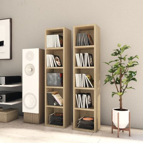 Lot de 2 Étagères de Rangement pour CD/DVD Bibliothèque - pour Bureau Salon Chambre Cuisine Chêne sonoma 21x16x93,5 cm Aggloméré BV242343 - BonneVie (1/5)
