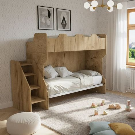 Letto a castello salvaspazio con terzo letto estraibile e scala laterale - Ideale per camerette - Quercia