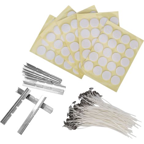 100 mèches de bougie en cire blanche avec support, 100 bandes adhésives double face en mousse, 10 supports de mèche en acier inoxydable jaunes (1/5)