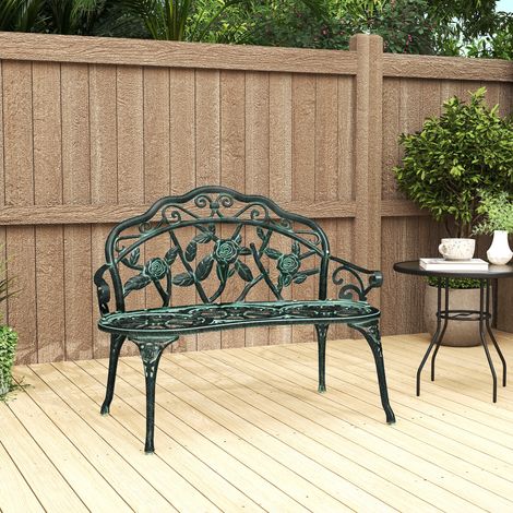 Banc de jardin 2 places, design rétro, motif fleuri rose, lignes épurées, 100 x 54 x 78 cm, aluminium moulé, vert patiné